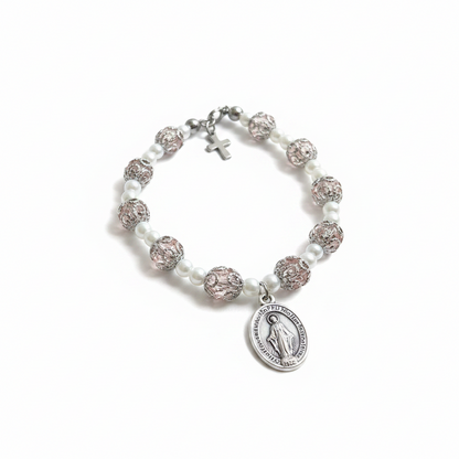 Pink and Stainless Steel Pearl Miraculous Medal Deluxe Rosary Bracelet