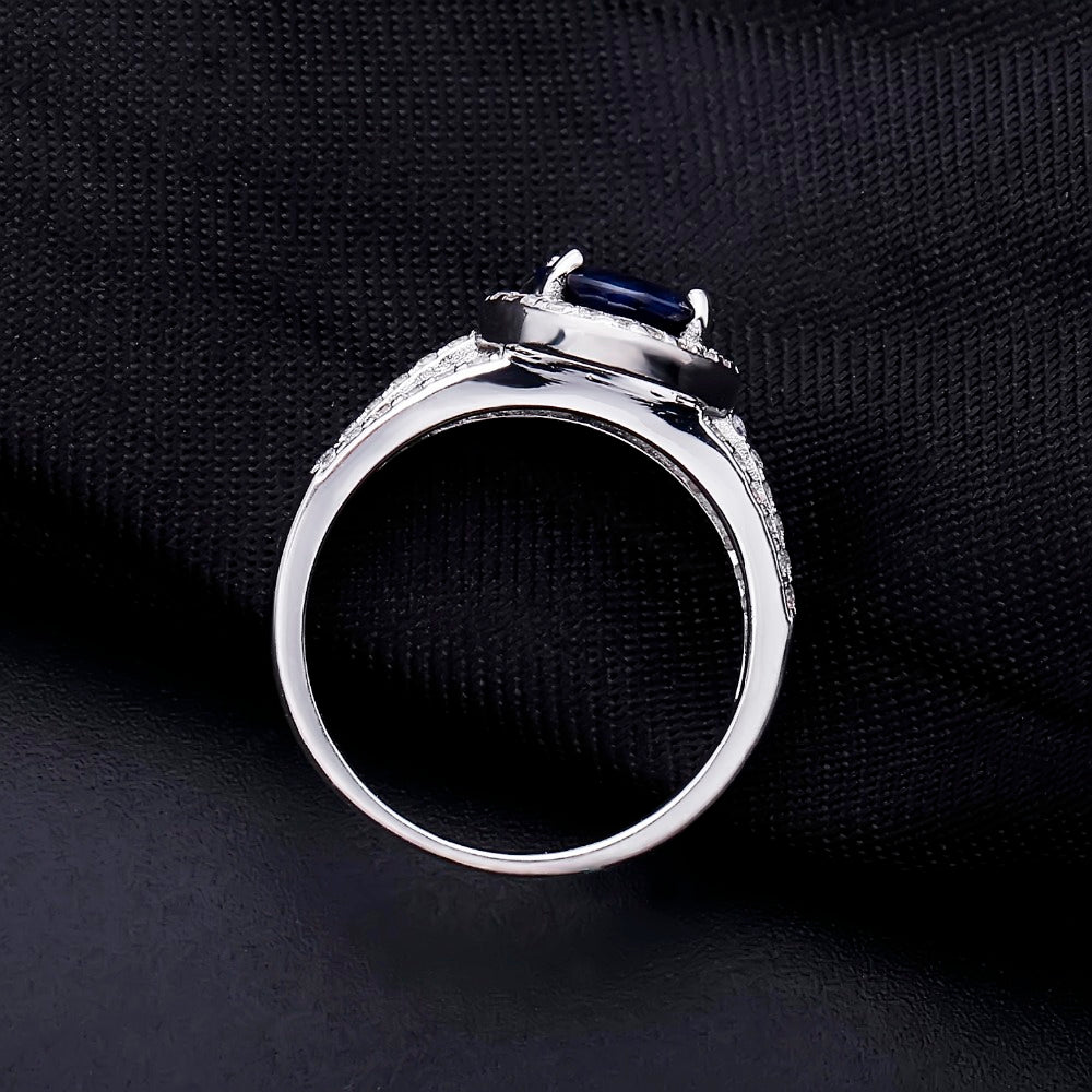 GRACE Oval Blue Sapphire Halo Ring in Gold Plated Sterling Silver