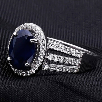 GRACE Oval Blue Sapphire Halo Ring in Gold Plated Sterling Silver