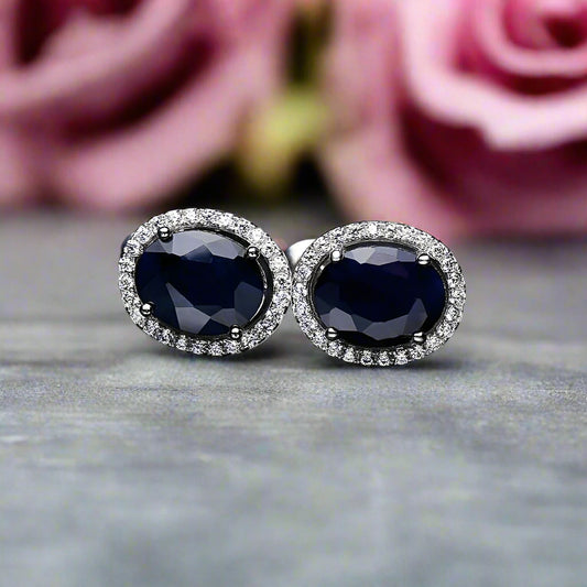 GRACE Oval Blue Sapphire Halo Stud Earrings in Sterling Silver