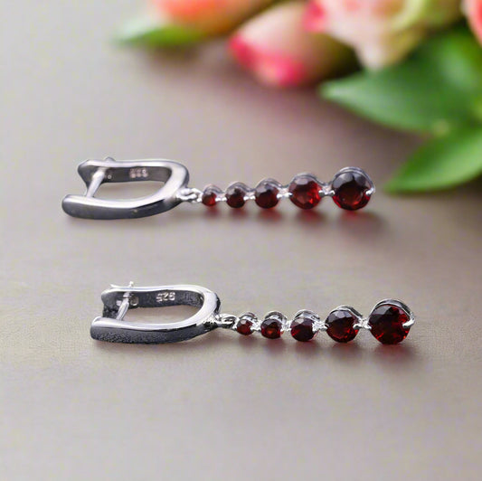 GRACE Round Red Garnet Drop Earrings in Sterling Silver