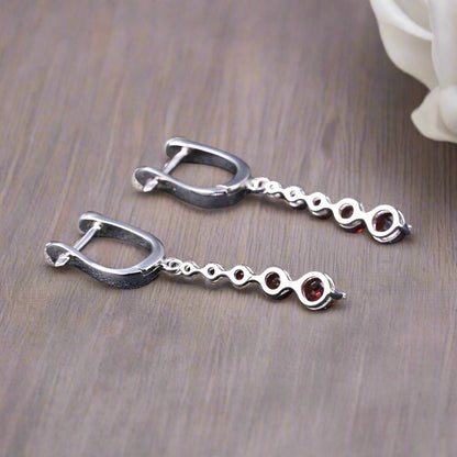 GRACE Round Red Garnet Drop Earrings in Sterling Silver