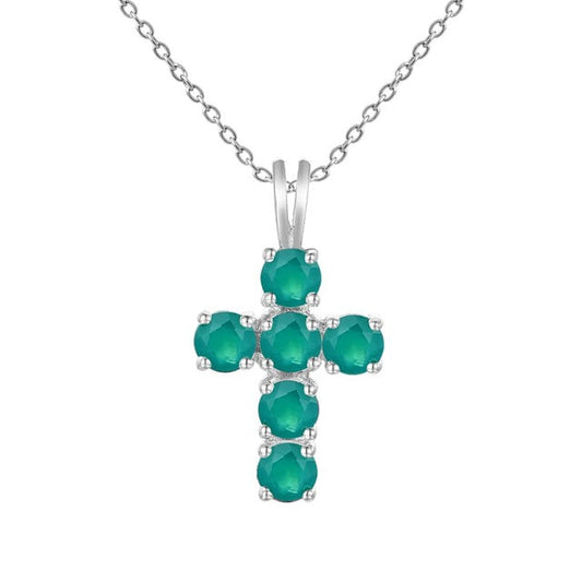 Collar con colgante de cruz de ágata verde redonda GRACE en plata de ley