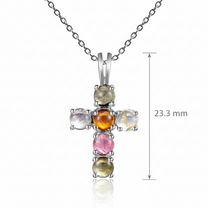 GRACE Round Tourmaline Cross Pendant Necklace in Sterling Silver