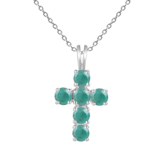 Collar con colgante de cruz de esmeralda redonda GRACE en plata de ley