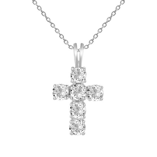 Collar con colgante de cruz de topacio blanco redondo GRACE en plata de ley