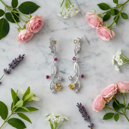 GRACE Floral Gemstone Drop Earrings in Sterling Silver