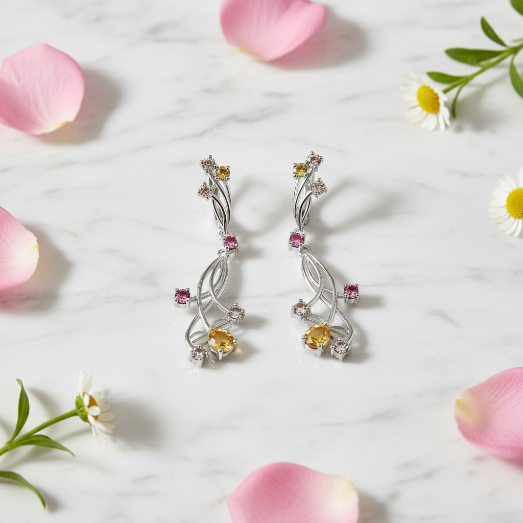 GRACE Floral Gemstone Drop Earrings in Sterling Silver