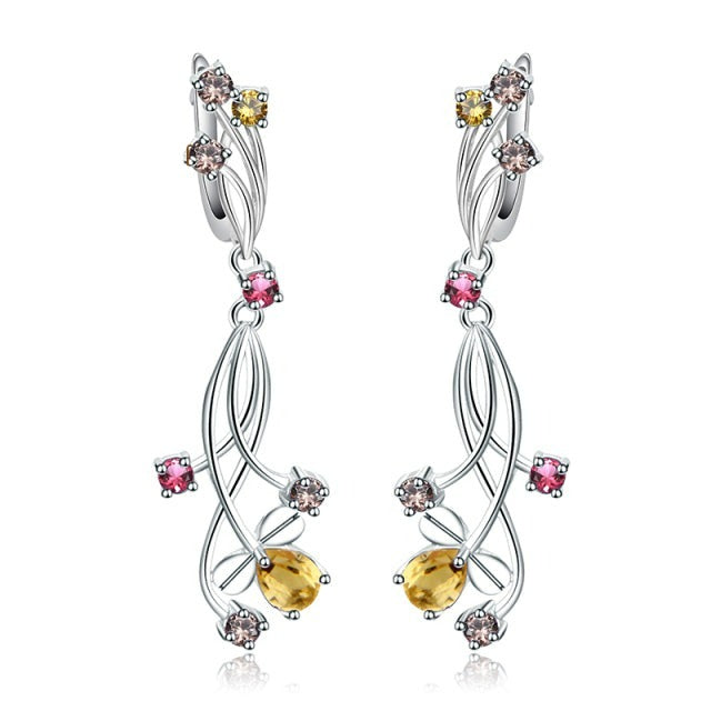 Pendientes colgantes con piedras preciosas florales GRACE en plata de ley