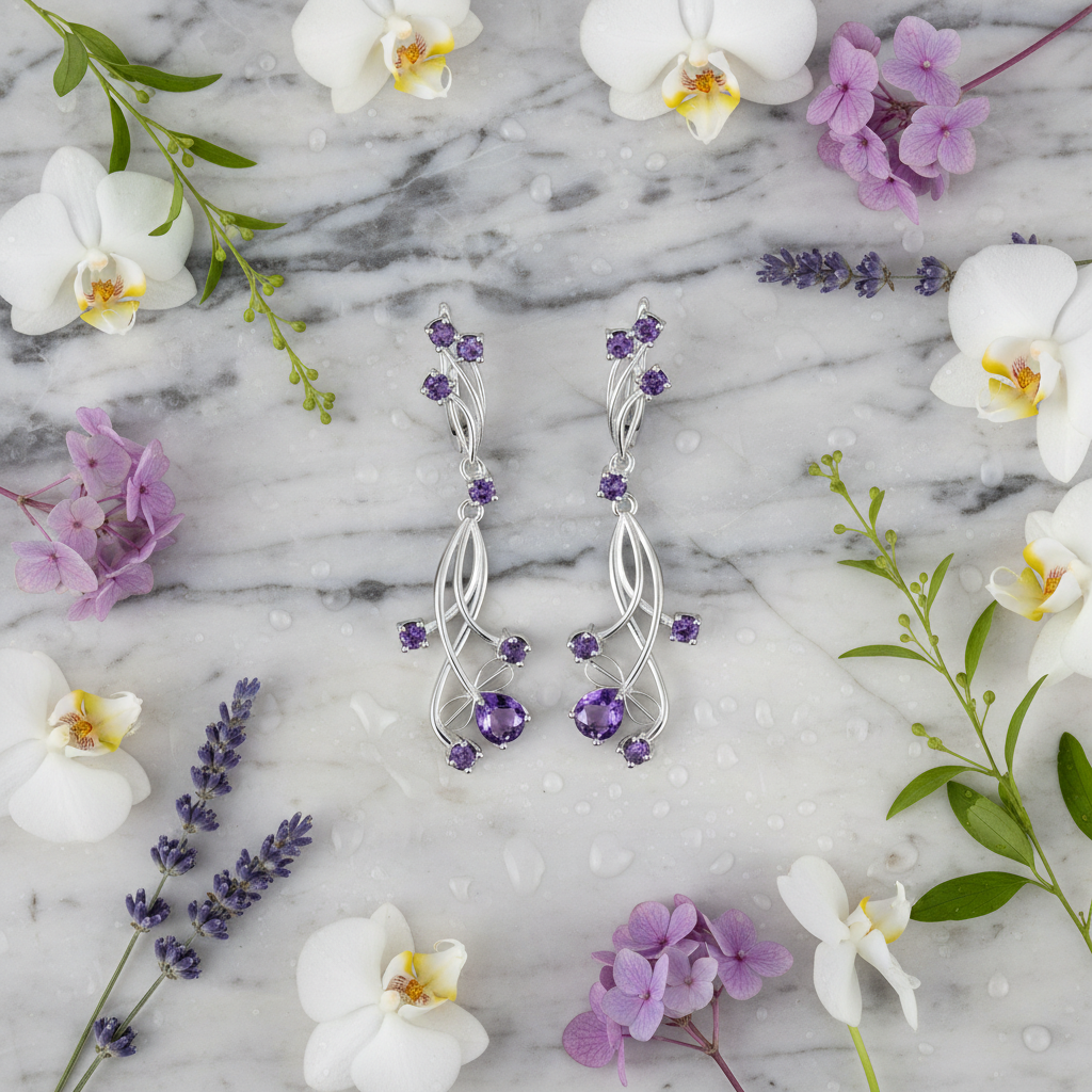GRACE Floral Gemstone Drop Earrings in Sterling Silver