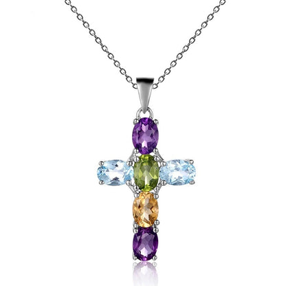 Collier pendentif croix ovale en argent sterling avec pierres précieuses mélangées GRACE
