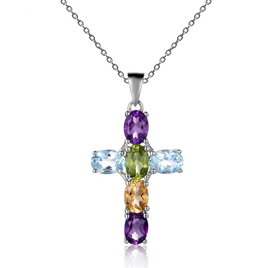 Collar con colgante de cruz ovalada de piedras preciosas mixtas GRACE en plata de ley
