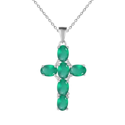 Collar con colgante de cruz de ágata verde ovalada GRACE en plata de ley