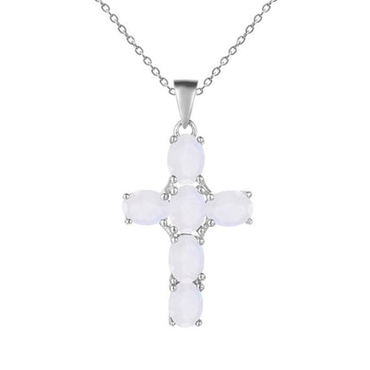 Collar con colgante de cruz de piedra lunar ovalada GRACE en plata de ley