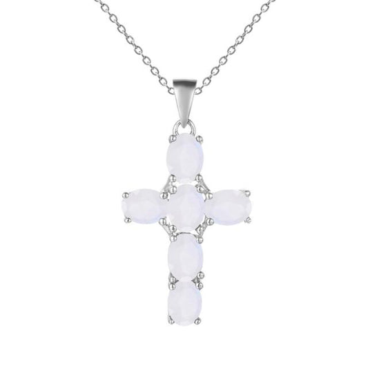 Collar con colgante de cruz de piedra lunar ovalada GRACE en plata de ley