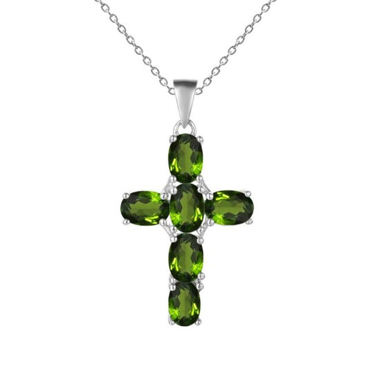 GRACE Oval Chrome Diopside Cross Pendant Necklace in Sterling Silver