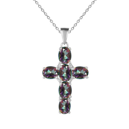 Collier pendentif croix ovale en quartz mystique GRACE en argent sterling