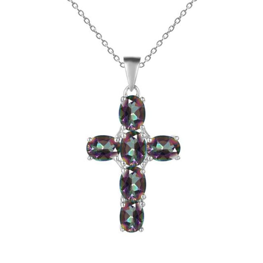 Collar con colgante de cruz de cuarzo místico ovalado GRACE en plata de ley