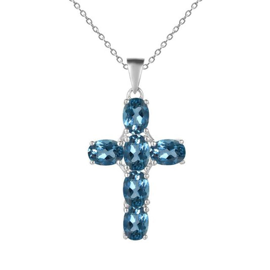 Collar con colgante de cruz de topacio azul Londres ovalado GRACE en plata de ley