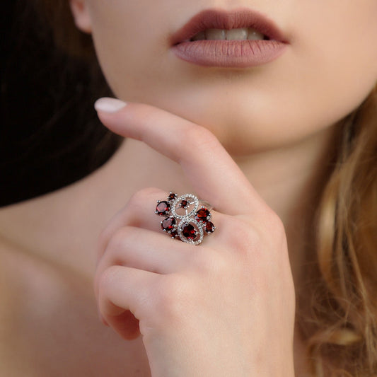 Boucles d'oreilles et bague en argent sterling avec grenat rouge GRACE