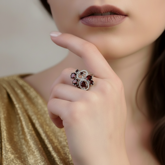 GRACE Red Garnet Flower Earrings Ring Set in Sterling Silver