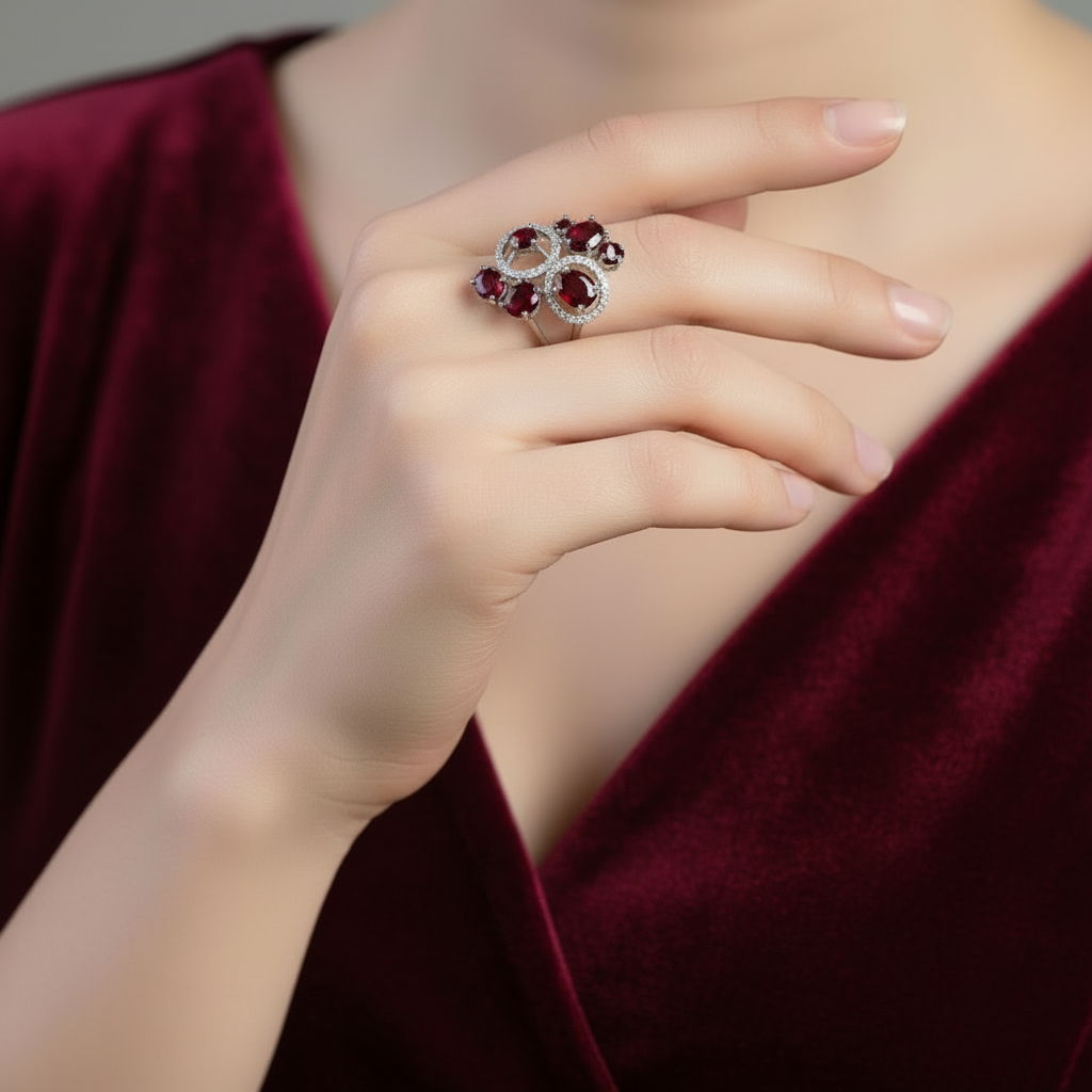 GRACE Red Garnet Flower Earrings Ring Set in Sterling Silver