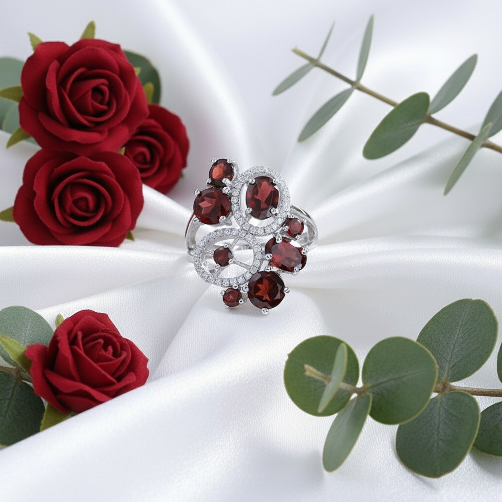GRACE Red Garnet Flower Earrings Ring Set in Sterling Silver