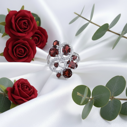 GRACE Red Garnet Flower Earrings Ring Set in Sterling Silver