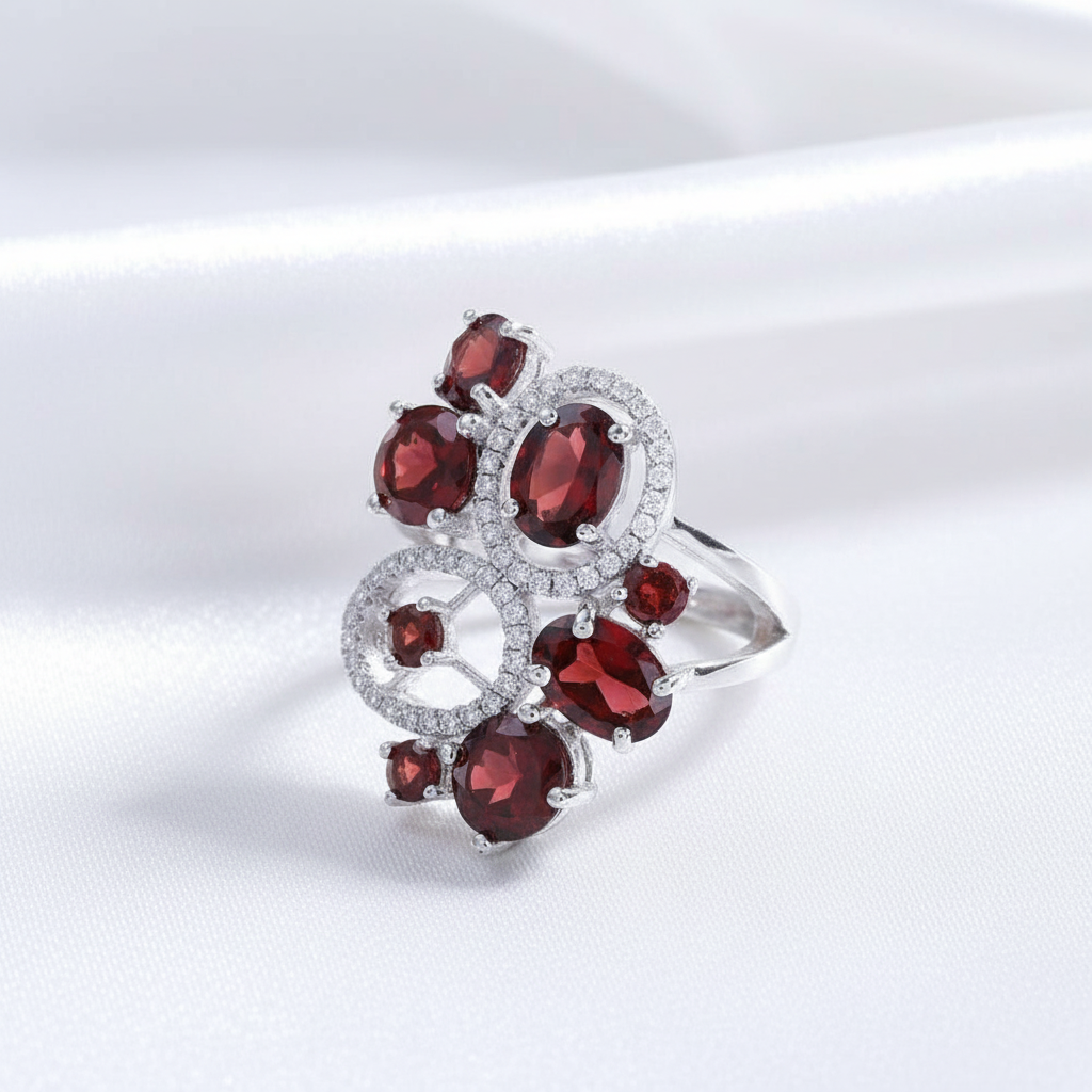 GRACE Red Garnet Flower Earrings Ring Set in Sterling Silver