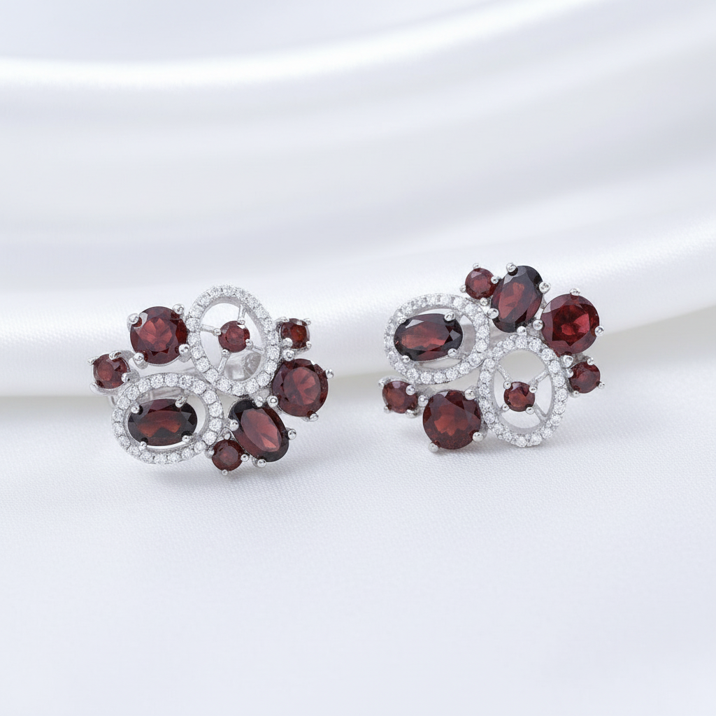 GRACE Red Garnet Flower Earrings Ring Set in Sterling Silver