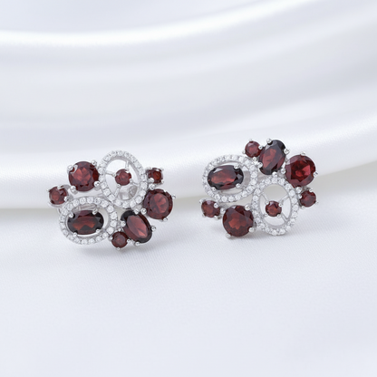 GRACE Red Garnet Flower Earrings Ring Set in Sterling Silver