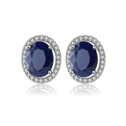 GRACE Oval Blue Sapphire Halo Stud Earrings in Sterling Silver
