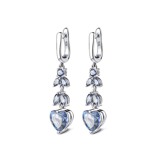 Pendientes GRACE de iolita azul con cuarzo místico y hojas en forma de corazón en plata de ley