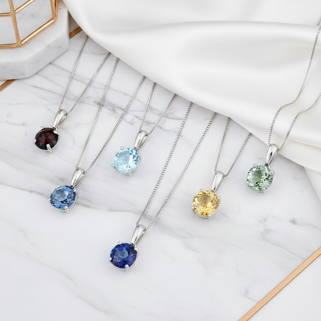 Collier pendentif rond classique en argent sterling avec pierres précieuses GRACE