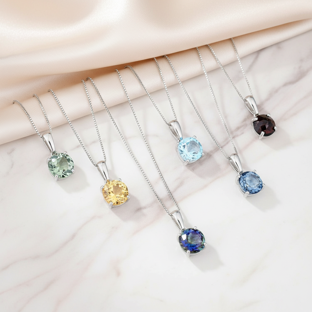 Collier pendentif rond classique en argent sterling avec pierres précieuses GRACE