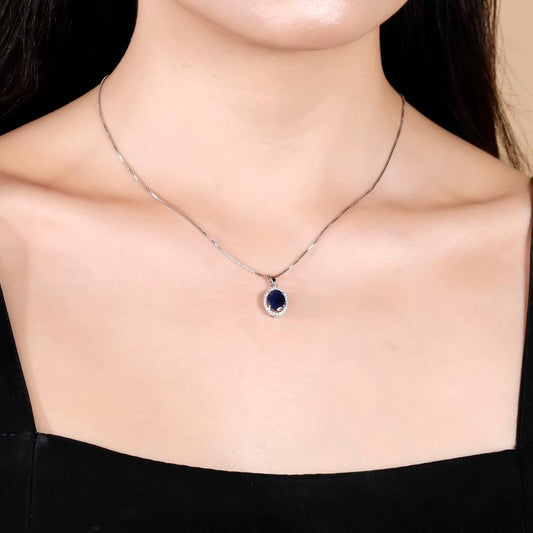 GRACE Oval Blue Sapphire Halo Pendant Necklace in Gold Plated Sterling Silver