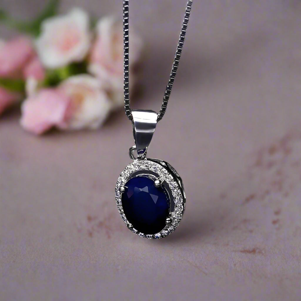GRACE Oval Blue Sapphire Halo Pendant Necklace in Gold Plated Sterling Silver
