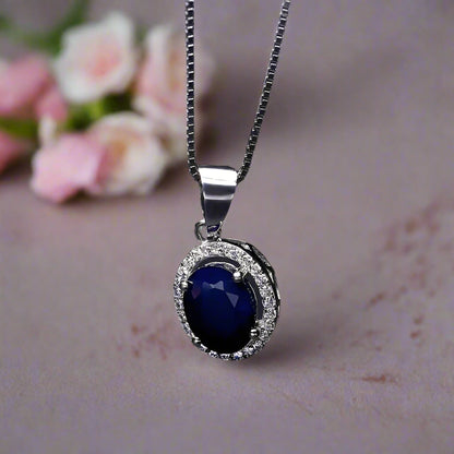 GRACE Oval Blue Sapphire Halo Pendant Necklace in Gold Plated Sterling Silver
