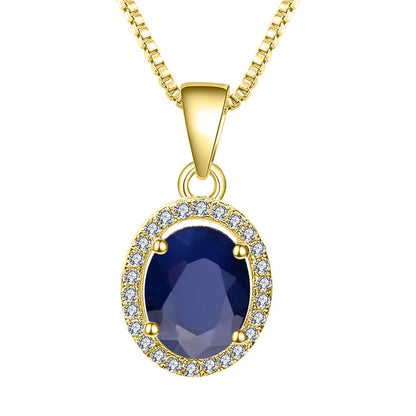 GRACE Oval Blue Sapphire Halo Pendant Necklace in Gold Plated Sterling Silver