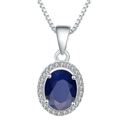 GRACE Oval Blue Sapphire Halo Pendant Necklace in Gold Plated Sterling Silver