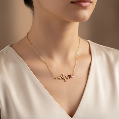 GRACE Red Garnet Heart Pulse Necklace in Gold Plated Sterling Silver