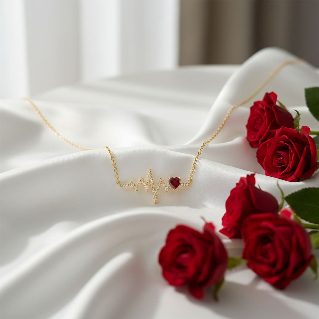 GRACE Red Garnet Heart Pulse Necklace in Gold Plated Sterling Silver