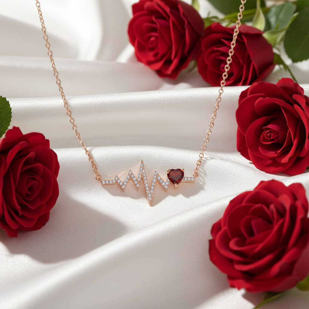 GRACE Red Garnet Heart Pulse Necklace in Gold Plated Sterling Silver