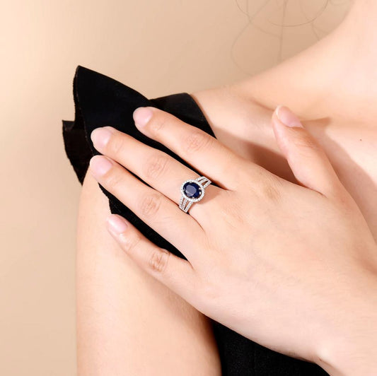 GRACE Oval Blue Sapphire Halo Ring in Gold Plated Sterling Silver