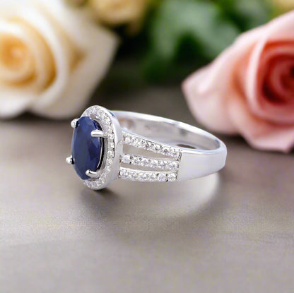 GRACE Oval Blue Sapphire Halo Ring in Gold Plated Sterling Silver