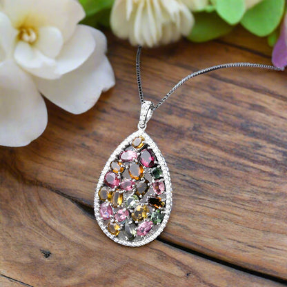 GRACE Multi-Color Tourmaline Cluster Pendant Necklace in Sterling Silver