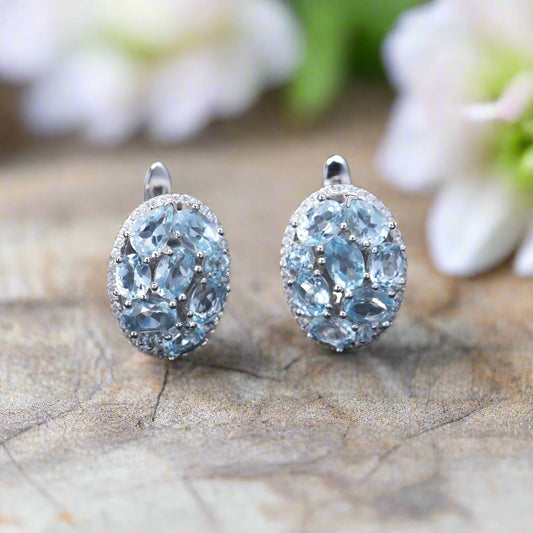 GRACE Sky Blue Topaz Oval Cluster Halo Drop Earrings in Sterling Silver