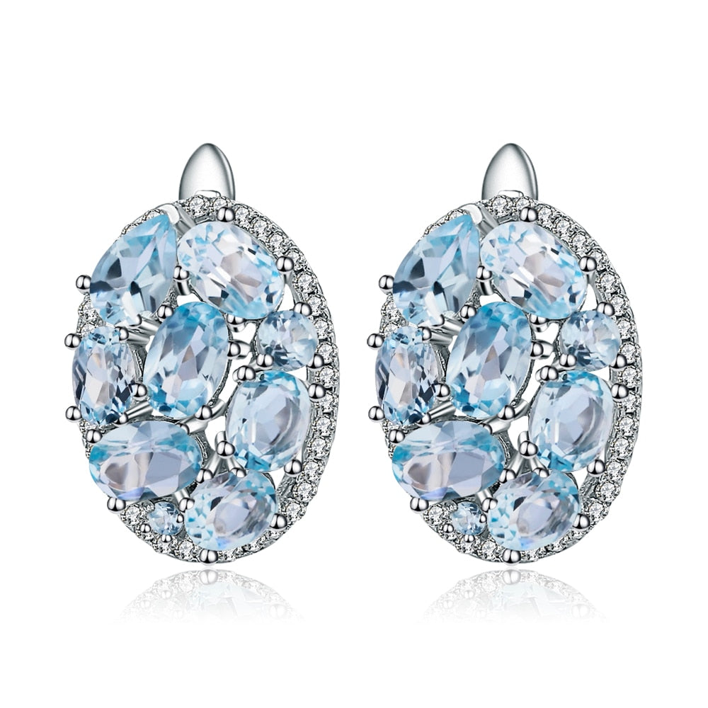 GRACE Sky Blue Topaz Oval Cluster Halo Drop Earrings in Sterling Silver