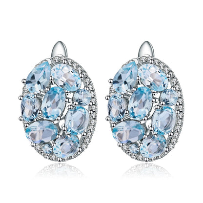 GRACE Sky Blue Topaz Oval Cluster Halo Drop Earrings in Sterling Silver
