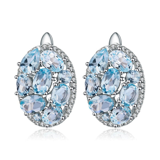 GRACE Sky Blue Topaz Oval Cluster Halo Drop Earrings in Sterling Silver